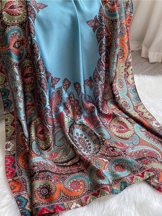 Women's Blue Lightweight Silk Like Scarves Flowers Print Head Cotton Wrap Scarf - Picture 4 of 5